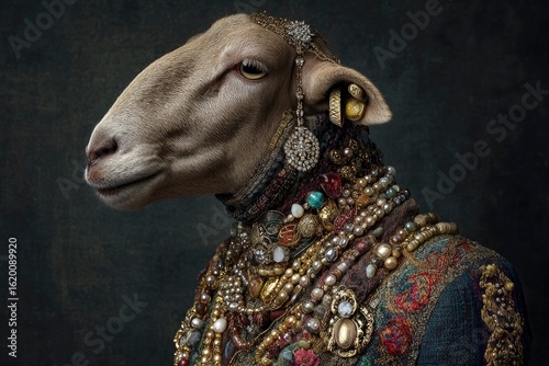 A sheep adorned with jewelry set against a dark background