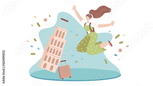 Woman jumps with joy near the leaning tower of pisa with suitcase and confetti celebration scene