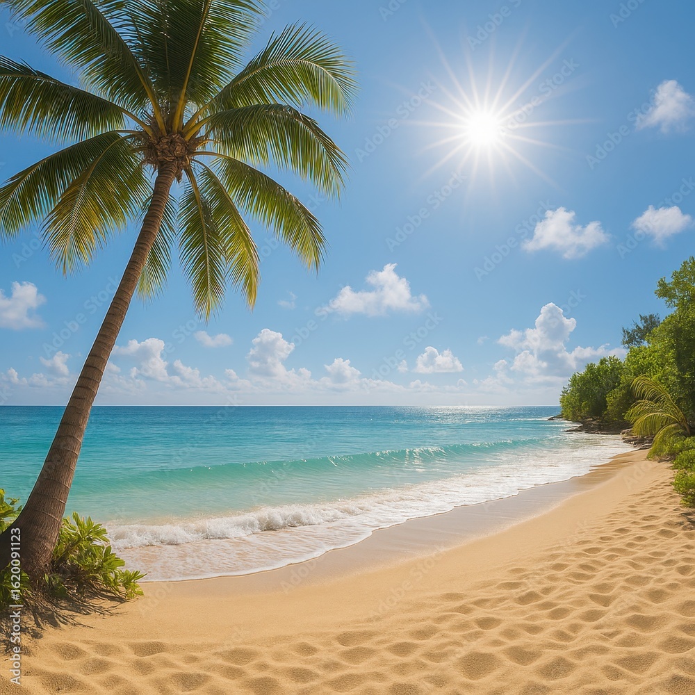Fototapeta premium Tropical Beach with Palm Tree and Bright Sunlight