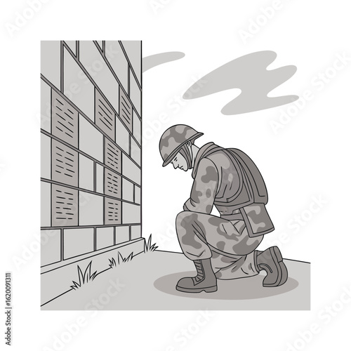 A Soldier Kneeling in Remembrance: Honoring the Sacrifice and Courage of Fallen Heroes at the Memorial Wall

