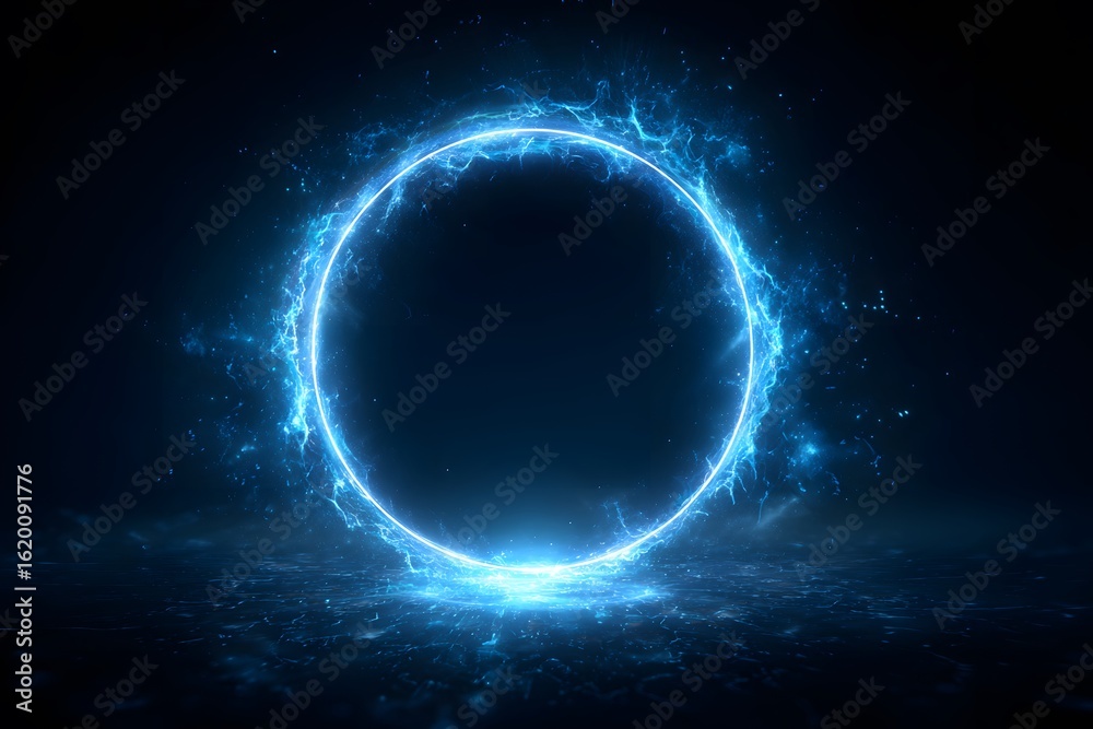 Fototapeta premium A blue, glowing ring frame against a black background. An abstract, futuristic technology concept with a light effect. 