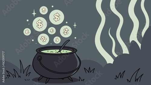 A cauldron bubbles with a magical potion releasing dollar signs into the air symbolizing wealth creation and financial prosperity