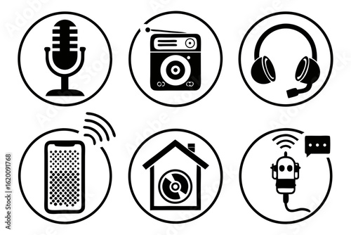 Collection of Six Black and White Icons Representing Audio and Communication Technology.