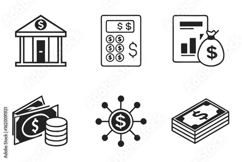 Collection of stylized financial and currency icons with dollar symbols.