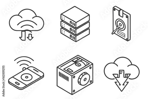 Isometric line art icons representing cloud computing servers and data storage devices.