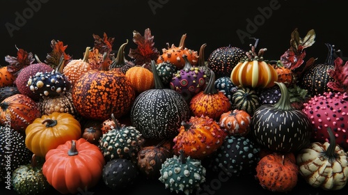 Colorful Collection of Unique Decorative Pumpkins on Black Background
