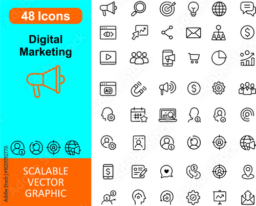Professional vector icon set for digital marketing — includes SEO, analytics, email, ads, content strategy, social media, and branding tools. Perfect for modern campaigns.

