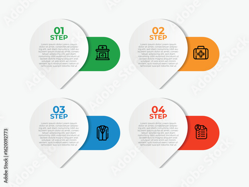 steps infographic template with 4 options. Flowchart that can be used for business report, data visualization and presentation. Timeline infographic elements vector illustration.