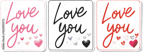 Three Square Cards With Love You Text And Hearts In Pink Black And Red vector illustration