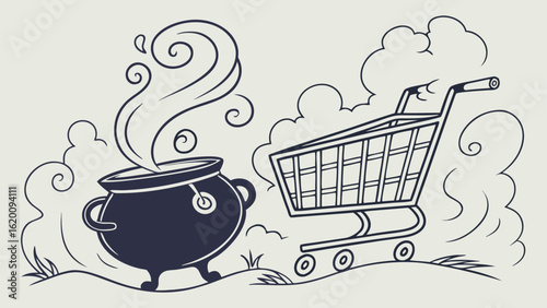 Whimsical illustration of a steaming cauldron and a shopping cart in a stylized landscape with swirling clouds and grass