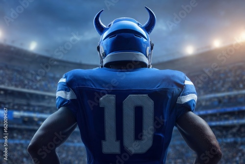 A football player wearing a horned helmet and jersey 10 stands in a stadium his back to the viewer