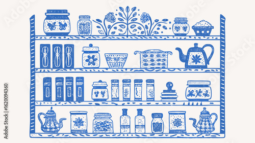 Illustration of blue shelf filled with jars teapots and containers in a kitchen pantry style display