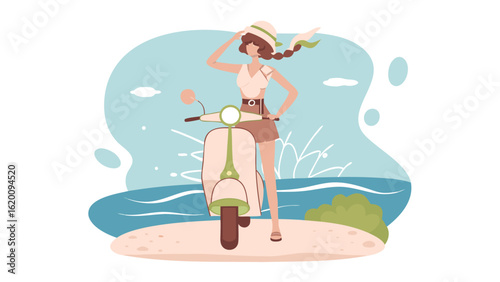 Woman with hat stands by a light pink scooter near the sea on a sunny day with a blue backdrop