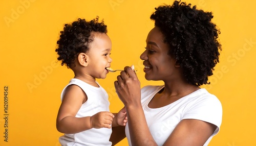 Mother Feeding Baby Boy With Spoon In Studio