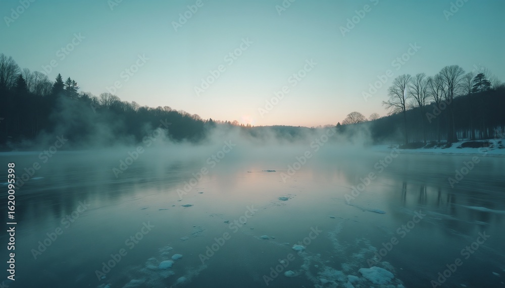 Fototapeta premium Tranquil misty lake at dawn with mirror-like water reflecting trees in cool teal and purple tones with copy space
