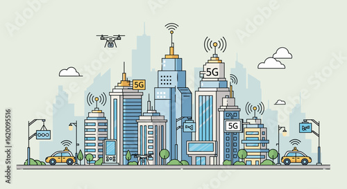 Modern cityscape with 5G towers on buildings, autonomous vehicles, and drones, illustrating smart city connectivity and future technology.