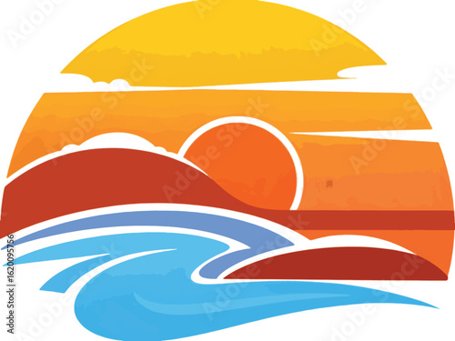 Warm sunset over ocean waves with abstract mountain shapes  style vector illustration EPS file download