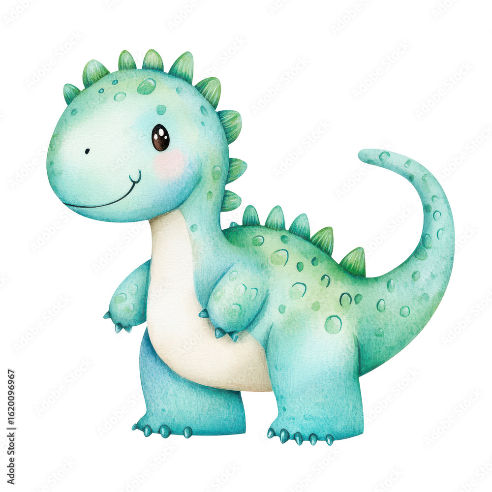 Naklejka premium Cute Cartoon Dinosaur: A charming illustration of a friendly, blue and green dinosaur, radiating warmth and innocence, ideal for children's designs.
