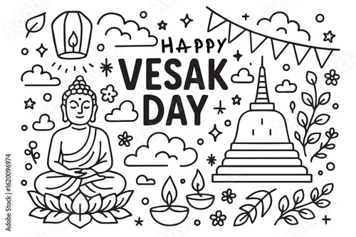 A black and white doodle vector background themed “Happy Vesak Day,” outlined in bold black, featuring Buddhist symbols, peaceful elements, and serene spiritual celebration designs.

