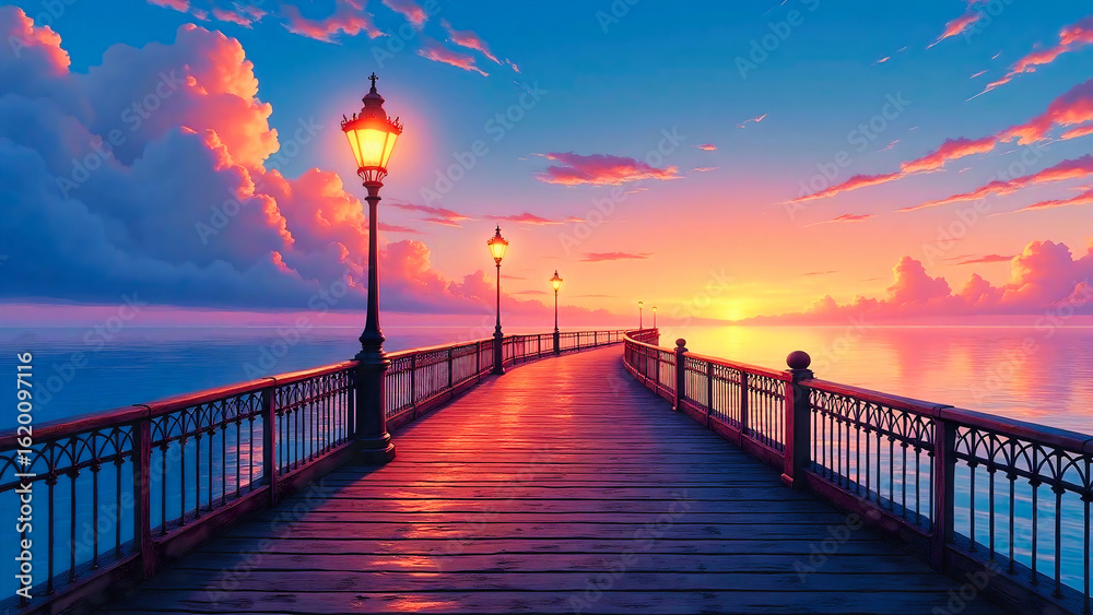 Fototapeta premium Sunset on a wooden bridge facing directly to the sea