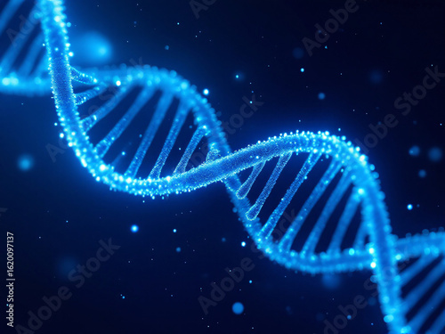 Glowing blue DNA double helix in futuristic digital space, vibrant and luminous.