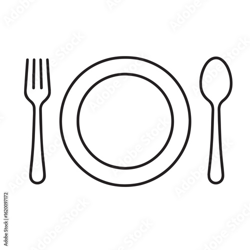 A black and white vector of a plate with spoon and fork, outlined in bold black, representing table manners, dining etiquette, and classic mealtime arrangements.

