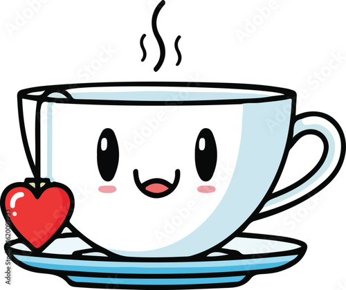 A cartoon teacup with a heart shaped teabag and steam above