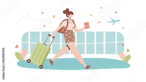 Woman with luggage and passport walking in an airport near a window and a plane in the background