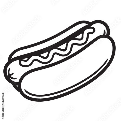 A black and white vector illustration of a classic hotdog with thick black outlines, perfect for fast food menus, logo designs, or vintage snack artwork.


