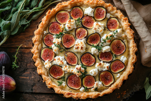 Pie topped with figs and goat cheese.