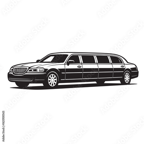 A black and white vector illustration of a luxurious limousine with bold black outlines, perfect for elegant event designs, transport logos, or premium branding visuals.

