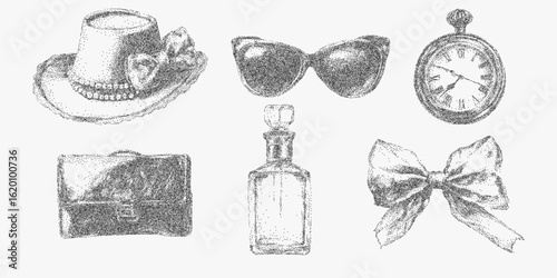 Collection of hats, sunglasses, and other accessories. Worn paper texture with stipple dots, noisy halftone overlay and retro threshold line details.