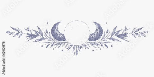 Blue design with three crescent moons, leaves and flowers. Simple black line art with rough photocopy noise and dotted halftone shading.