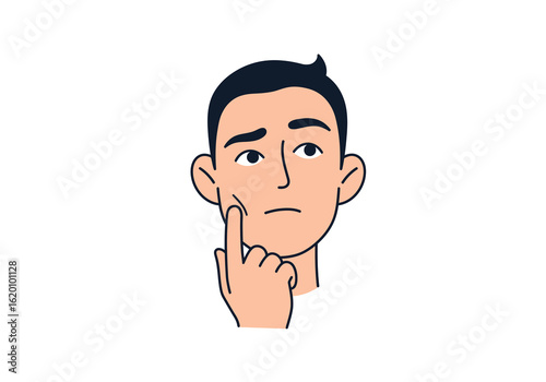 Illustration of a man with dark hair touching his cheek, looking thoughtful.