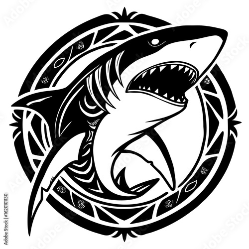 Vector Black White Shark Head Illustration - Side Profile Tribal Tattoo Style Aggressive Expression Sharp Teeth Bold Clean Lines Dynamic Fierce Look White Background