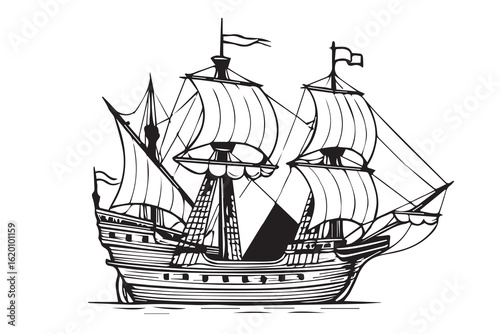 Traditional Indonesian Pinisi boat drawn in monochrome vector style with thick black outlines, capturing the elegance of seafaring history and wooden ship craftsmanship.

