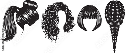 Collection of Black Silhouette Hairstyles on White Background vector illustration