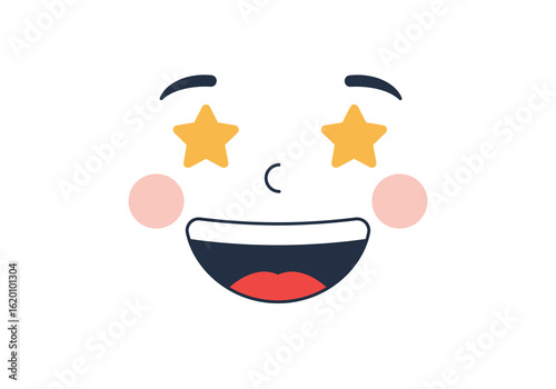 Cartoon face with star-shaped eyes, rosy cheeks, and a wide, happy smile showing teeth and tongue.