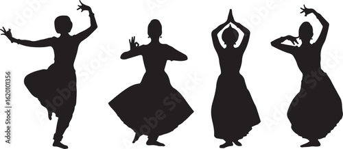 Four Silhouettes of Indian Classical Dancers in Various Poses on White Background indian dance