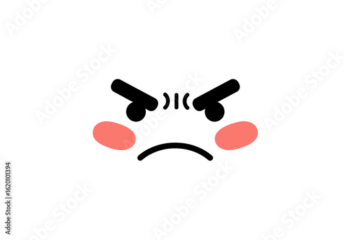 A minimalist cartoon illustration of an angry face with furrowed eyebrows, a frowning mouth, and pink blushing cheeks, expressing frustration or annoyance.
