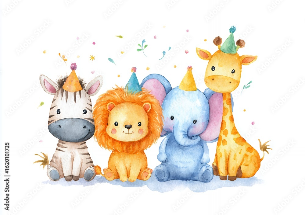 Naklejka premium Adorable Watercolor Illustration of Cute Zebra Lion Elephant and Giraffe Wearing Party Hats