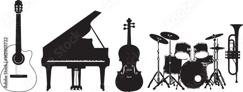 Silhouettes of musical instruments including guitar piano violin drums and tuba vector