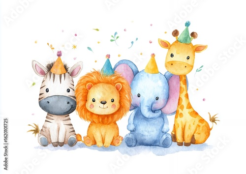 Wallpaper Mural Adorable Watercolor Illustration of Cute Zebra Lion Elephant and Giraffe Wearing Party Hats Torontodigital.ca