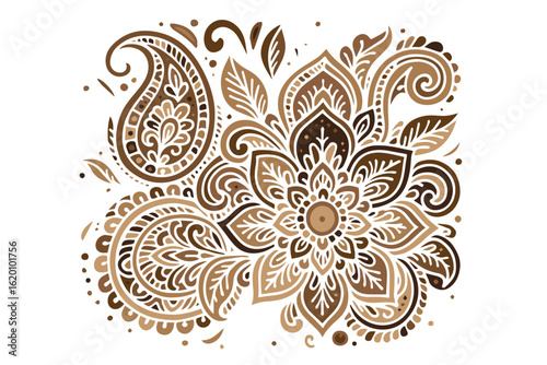 Vector illustration of traditional floral and leaf engravings in brown tones, displaying ornate detail and elegance, ideal for ethnic backgrounds, wood style prints, or heritage branding.