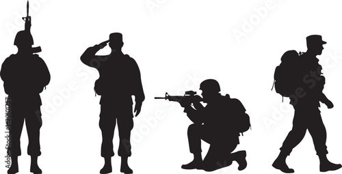 Silhouettes of Soldiers in Uniform with Rifles and Backpacks military army