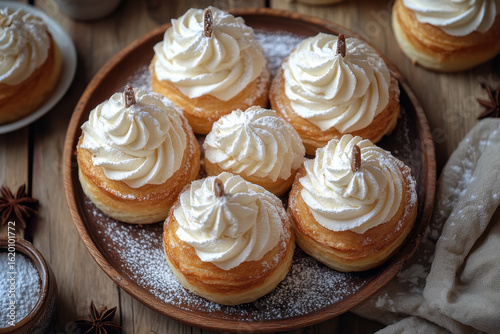 Plate of cinnamon buns topped with whipped cream.