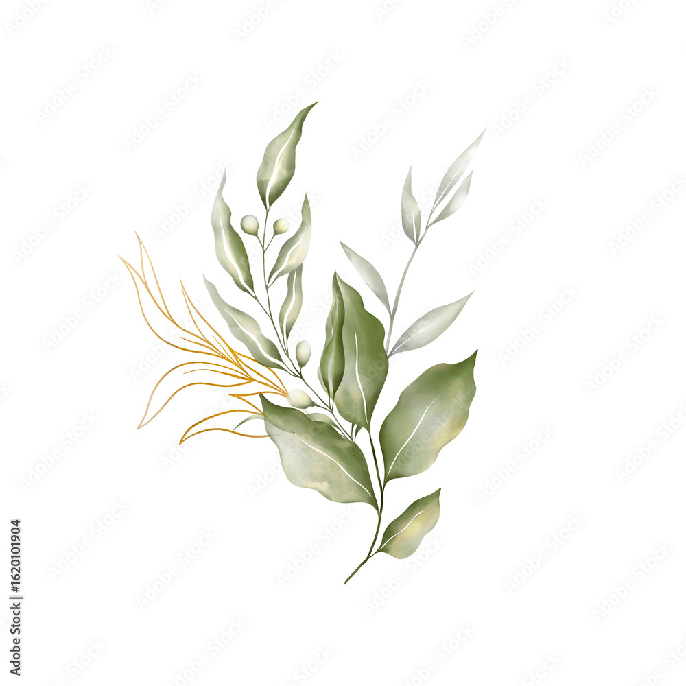 Fototapeta premium Elegant green leaves with white veins and gold edges form a balanced, nature-inspired layout, their varied shapes evoke harmony and organic rhythm