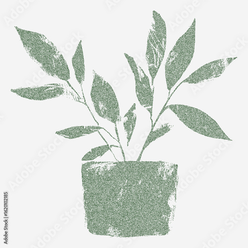 Silhouette of a flower in a pot. Handdrawn form with heavy spray grain and grunge scratches. Rough threshold linework with vintage stain.