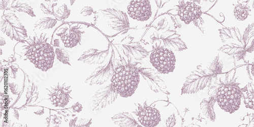 Pattern with raspberries. Dotwork element featuring subtle grit and gravel texture. Overlay of grain and faint ink spots.