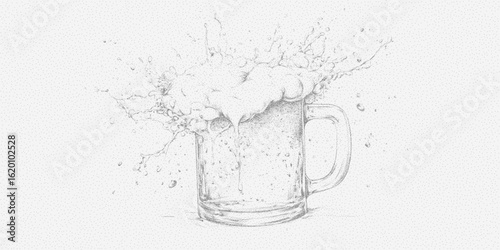 Beer mug and splashes. Distressed abstract figure with noise, subtle halftone speckle. Retro style threshold surface.